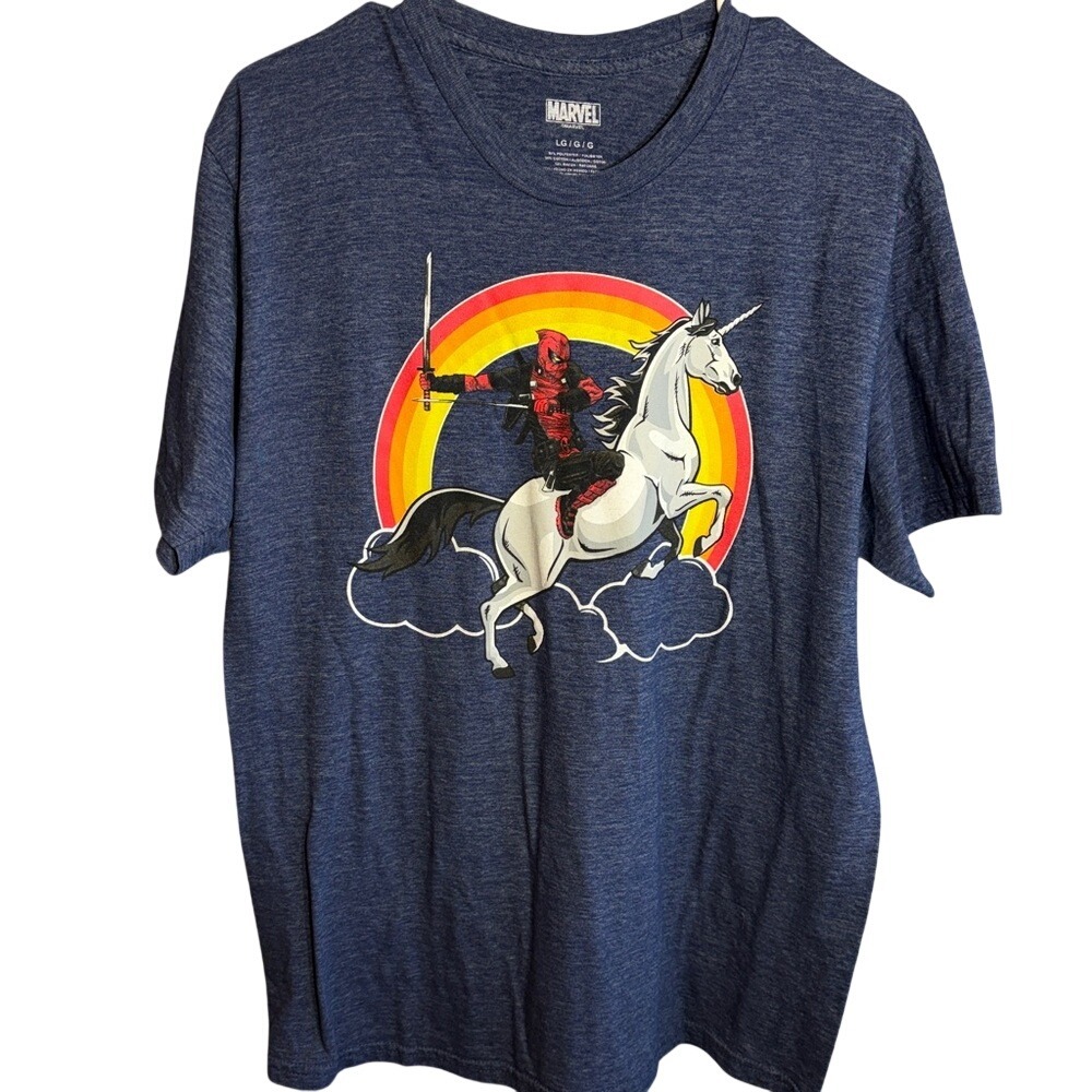 Vintage Men's Large Marvel Blue T-Shirt Deadpool & Unicorn Graphic Print Tee